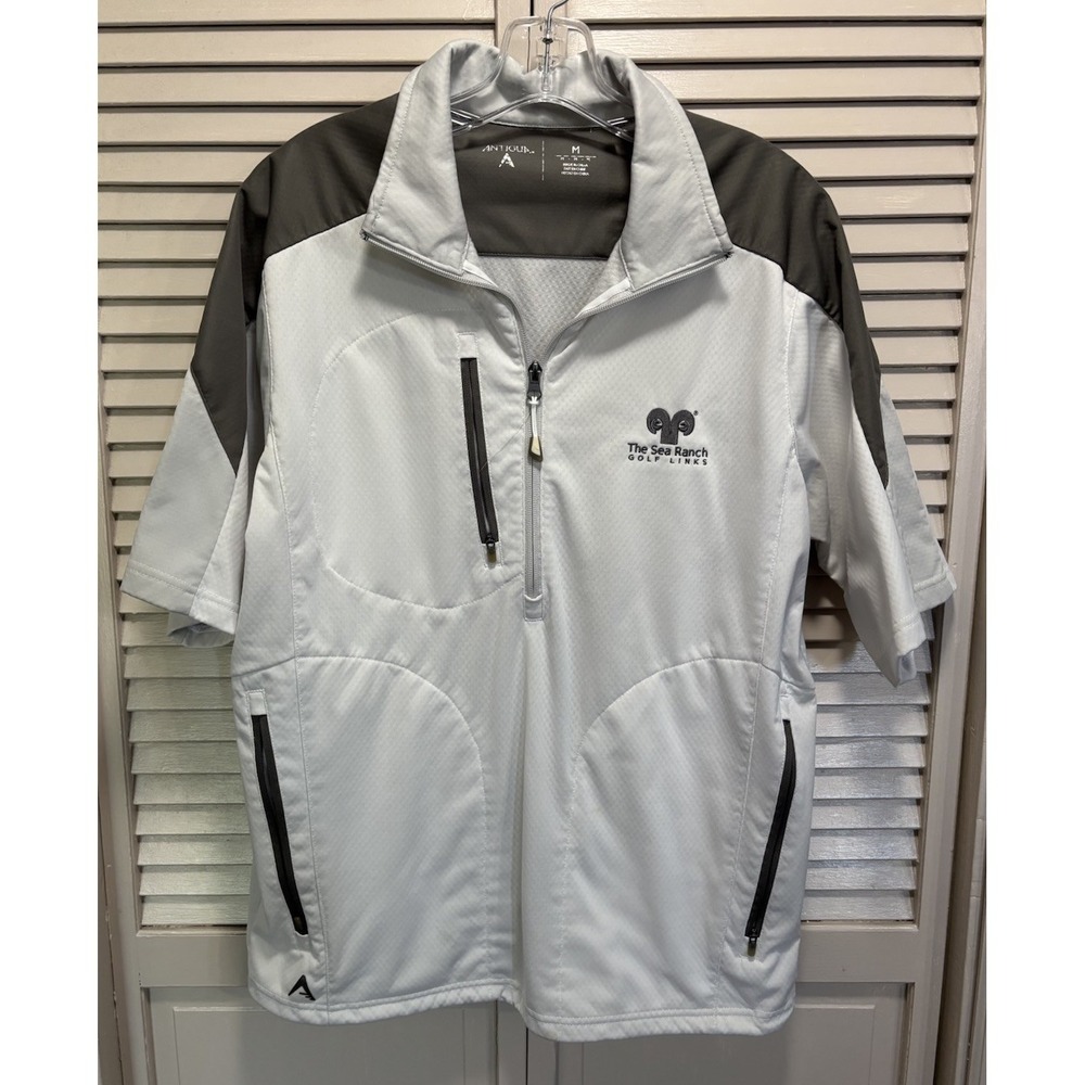 Antigua Golf Shirt Size M 1/2 Zip Short Sleeve Gray Collar‎ Embroidered Pockets